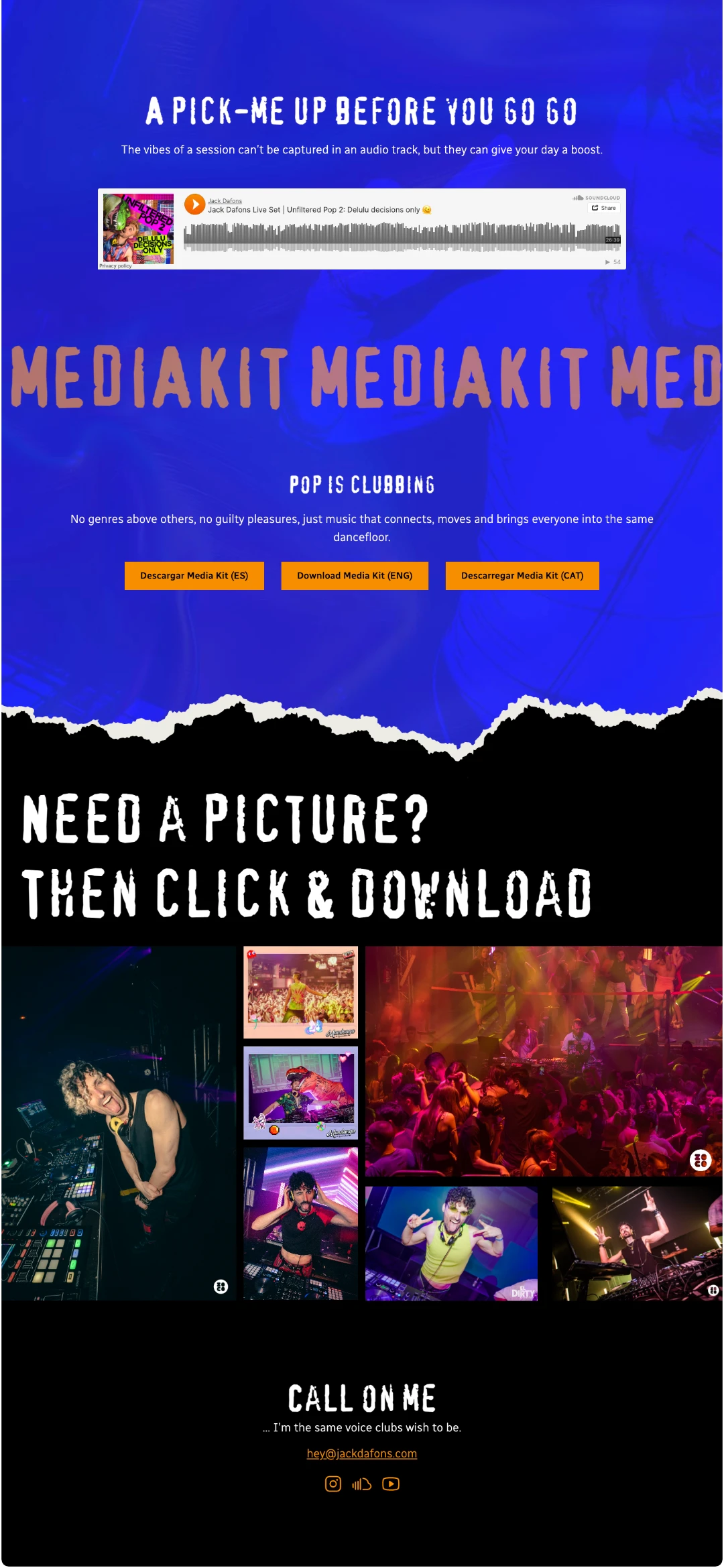 Other website section that include the contact, official photos and a Soundcloud DJ session.