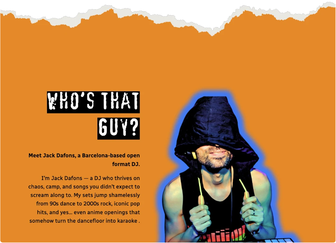 About section, with a picture of the DJ and the about text.