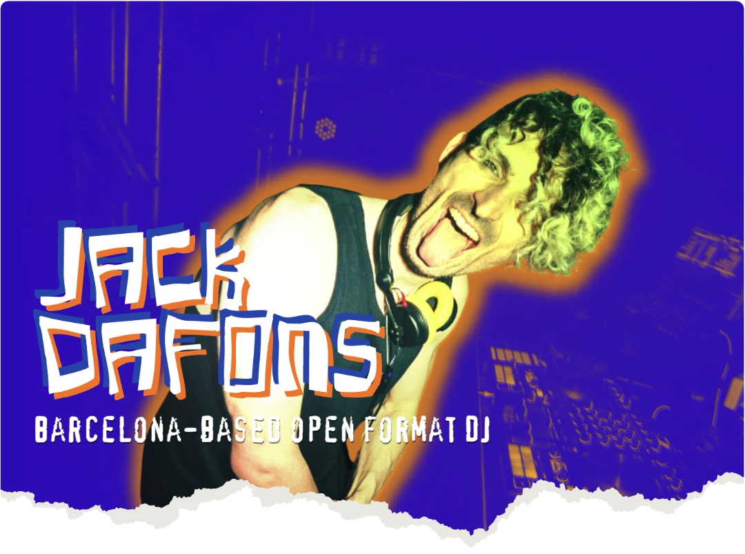 Hero of the website. It shows a picture of the DJ on blue background, the logo and the claim ("Barcelona-based open format DJ").