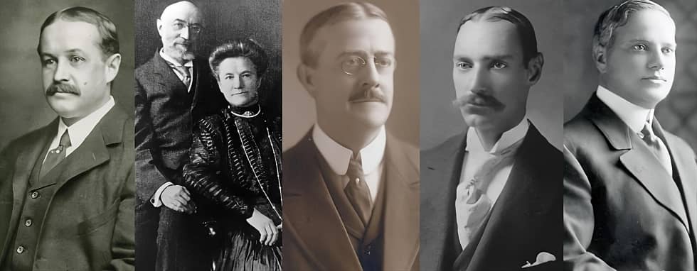 A collage of photographs of the Titanic's richest passengers (from left to right): John Borland Thayer, Ida and Isidor Straus, George Dennick Wick, and Benjamin Guggenheim.