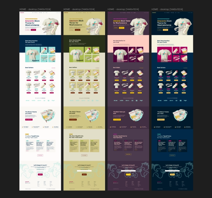 An screenshot of a Figma file where I had to cread a different board for each style of the Home Page.