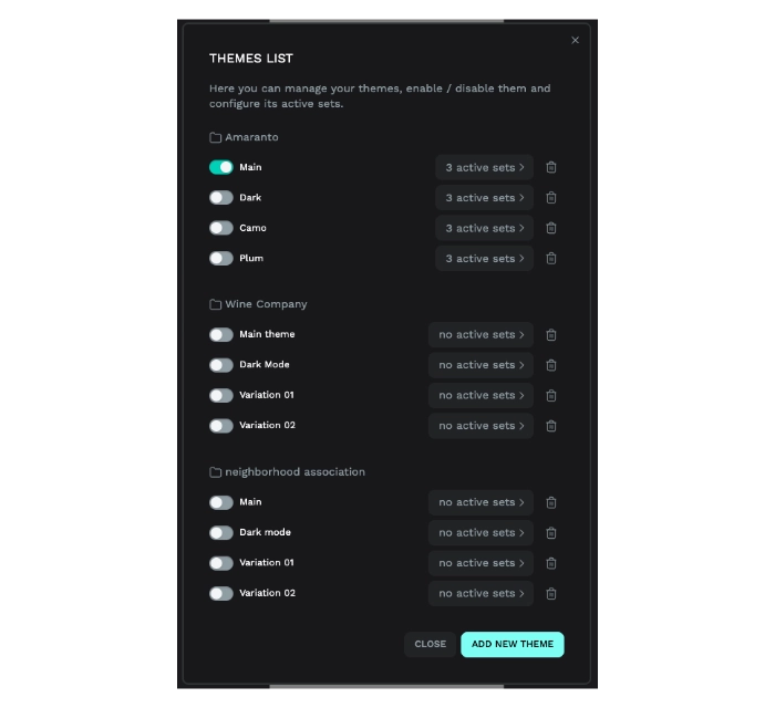 A screenshot of the theme list panels with some example that include hypothetical WordPress themes for the same Penpot file.
