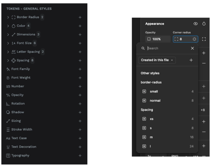 The Penpot token panel alongside an example of how variables are applied in Figma